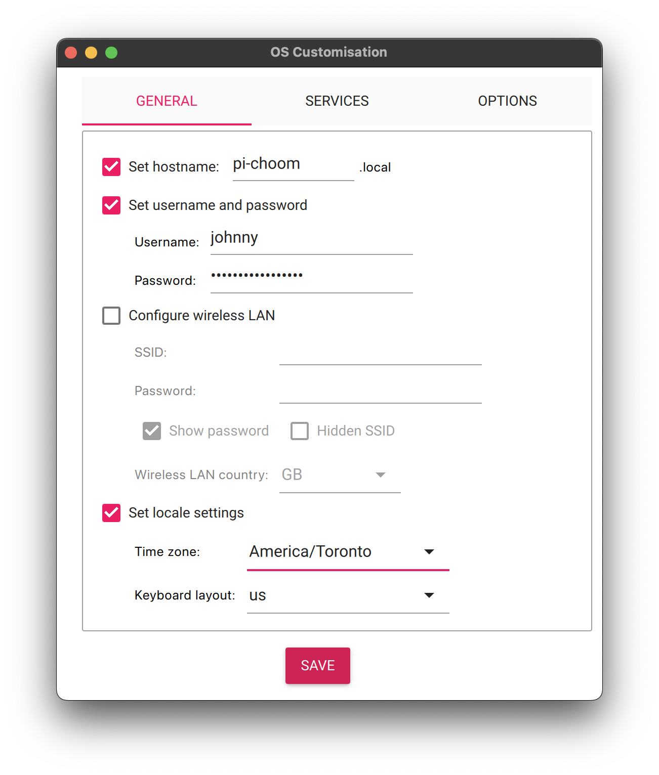 Pop-up in the Raspberry Pi Imager allowing you to customize general OS settings such as hostname, username and password, and WiFi credentials