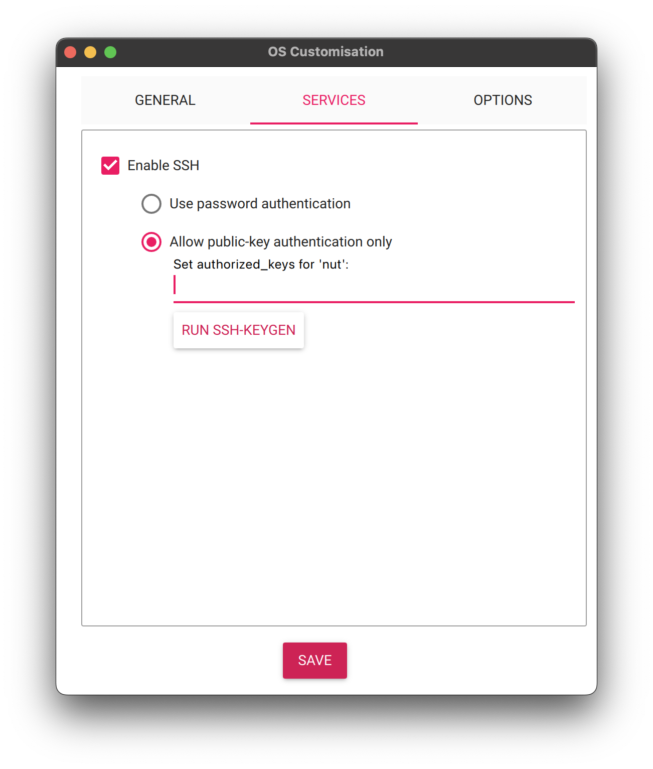 Pop-up in the Raspberry Pi Imager allowing you to customize service OS settings such as enabling SSH