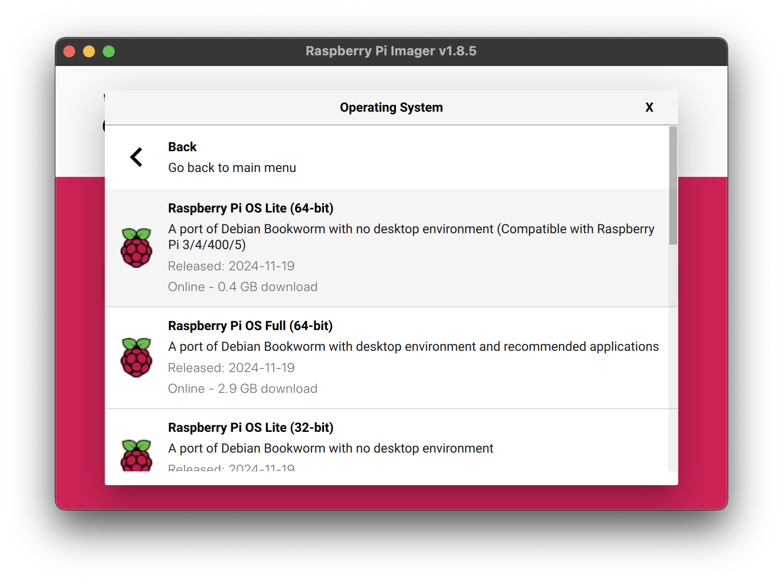 Pop-up in the Raspberry Pi Imager showing a list of Raspberry Pi OS versions