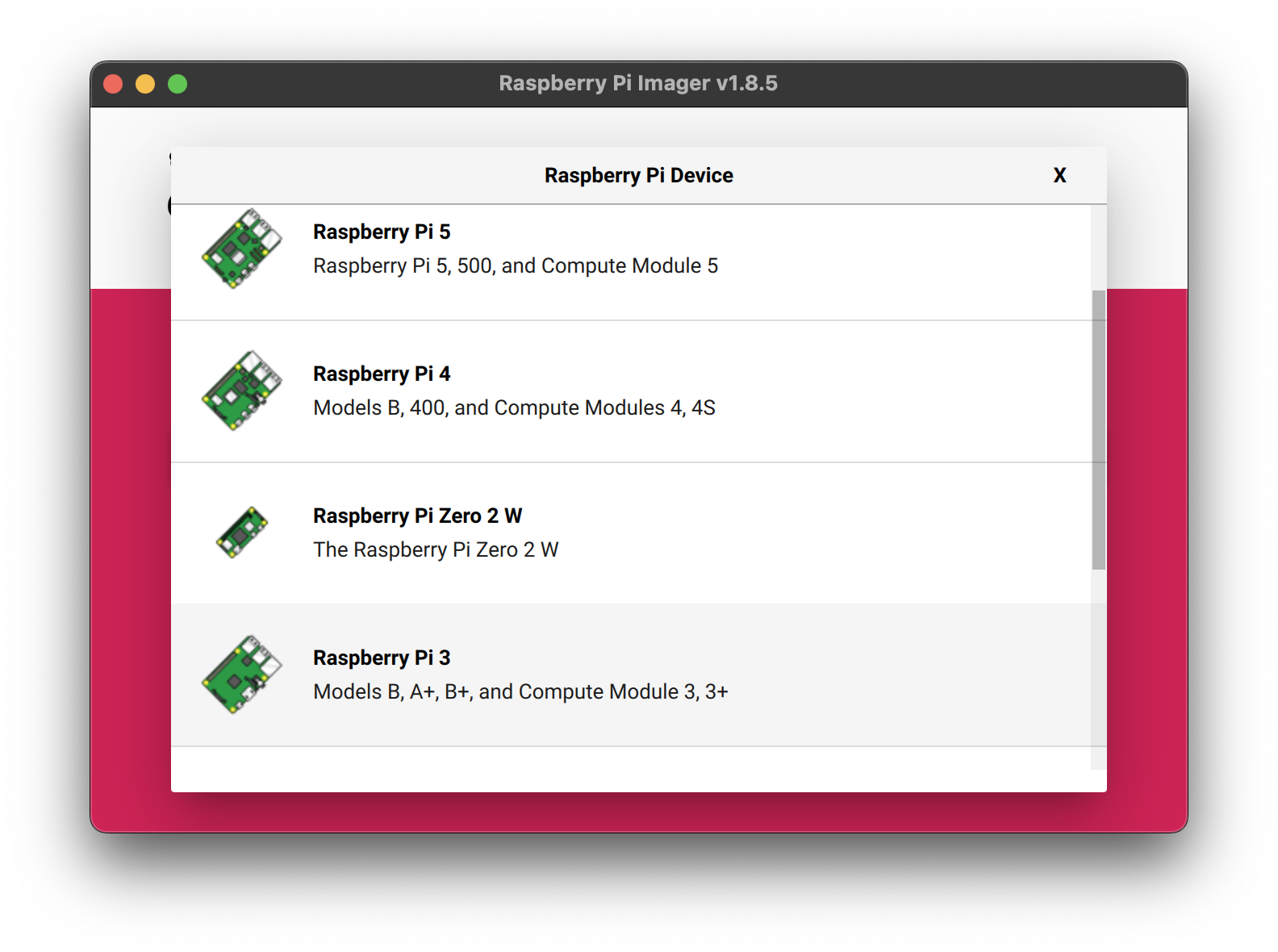 Pop-up in the Raspberry Pi Imager showing a list of Raspberry Pi devices