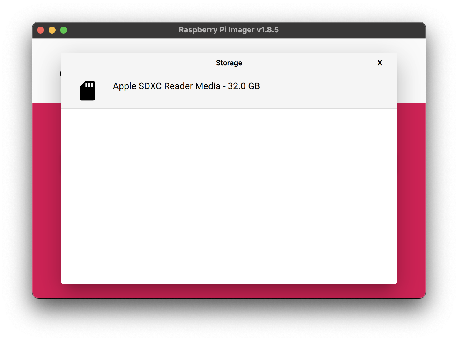 Pop-up in the Raspberry Pi Imager showing a list of connected storage devices