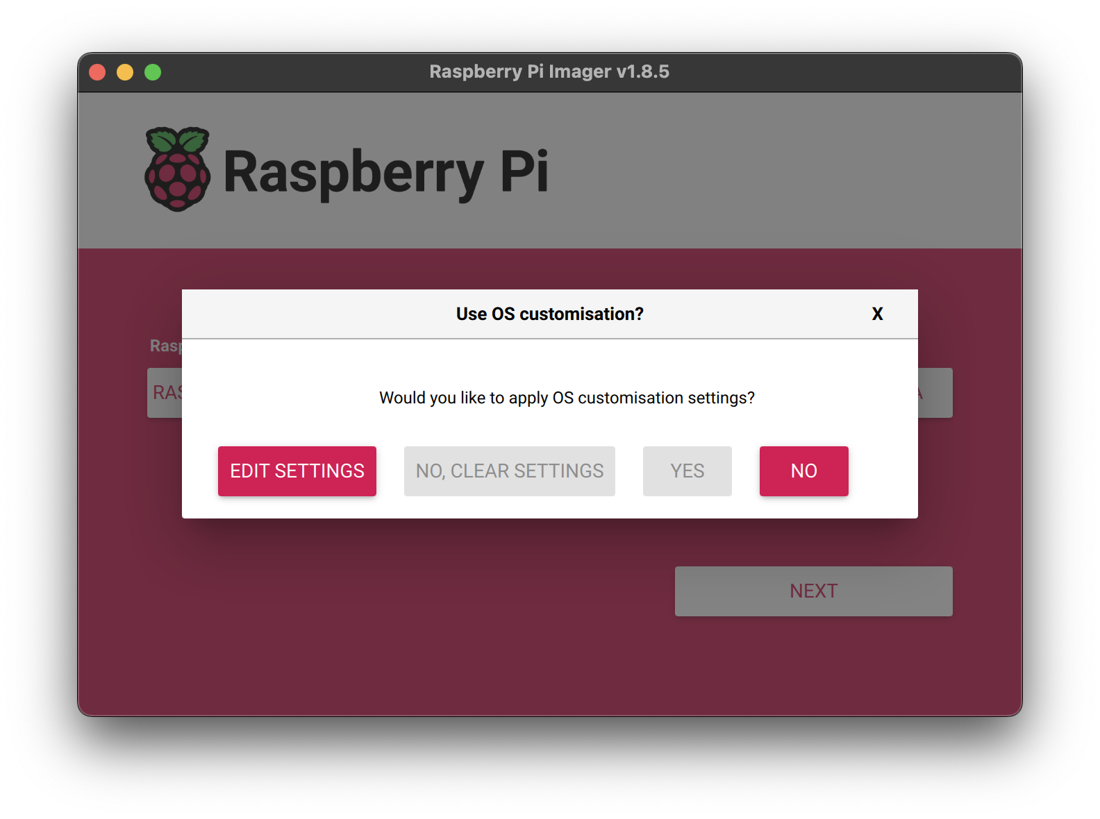 Pop-up in the Raspberry Pi Imager asking if you want to customize the installation settings