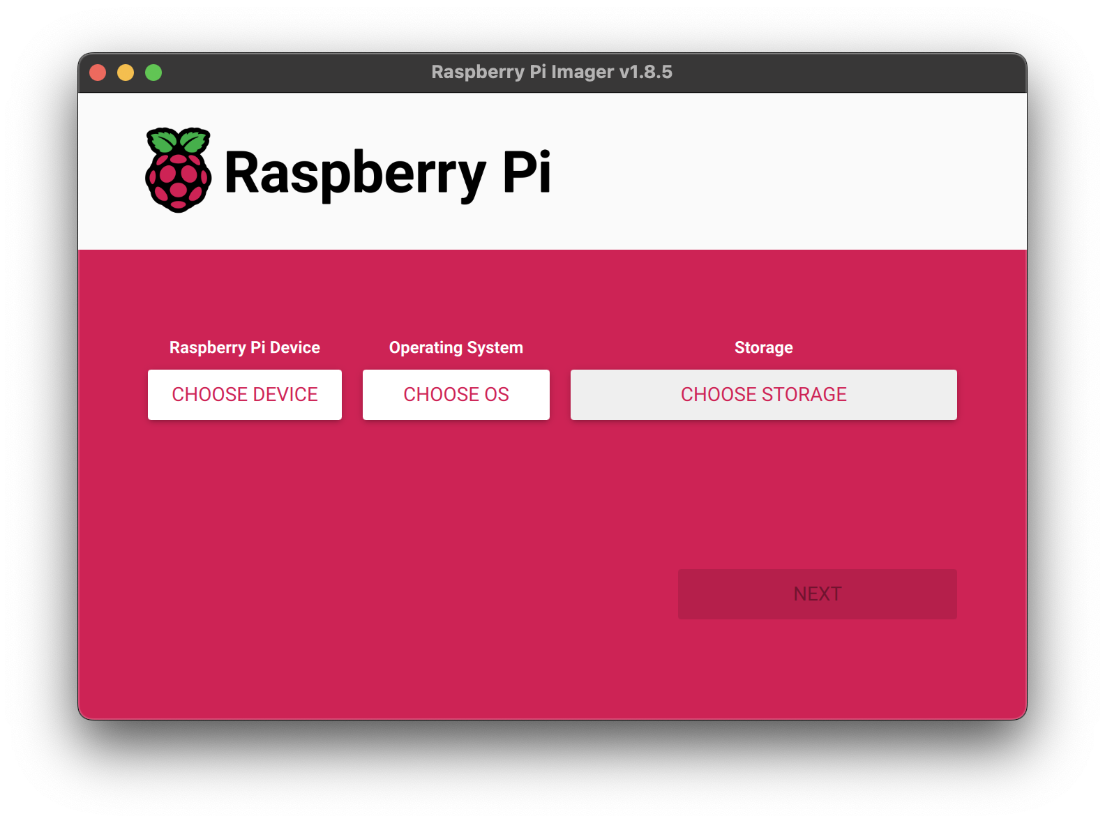 Starting screen of the Raspberry Pi Imager software